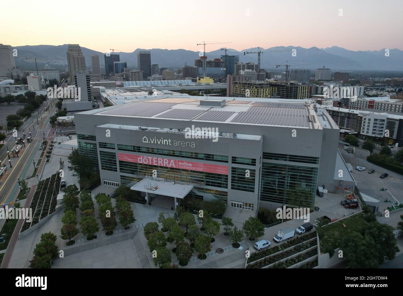 An aerial view of Vivint Smart Home Arena, Sunday, Sept. 5, 2021, in Salt Lake City. The venue is the home of the Utah Jazz of the NBA. Stock Photo