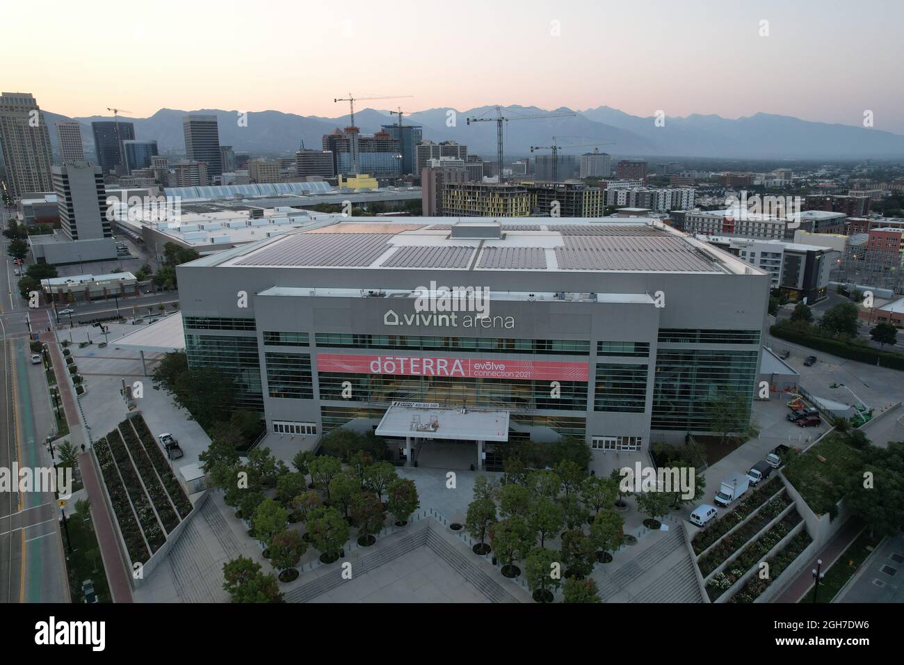 An aerial view of Vivint Smart Home Arena, Sunday, Sept. 5, 2021, in Salt Lake City. The venue is the home of the Utah Jazz of the NBA. Stock Photo