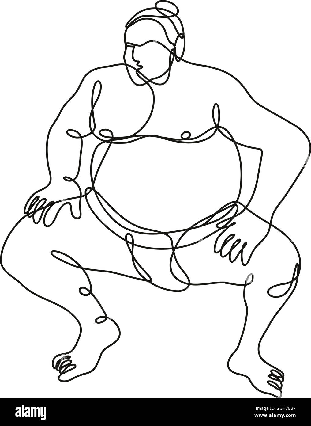 Continuous line drawing illustration of a sumo wrestler or rikishi in fighting stance front view done in mono line or doodle style in black and white Stock Vector