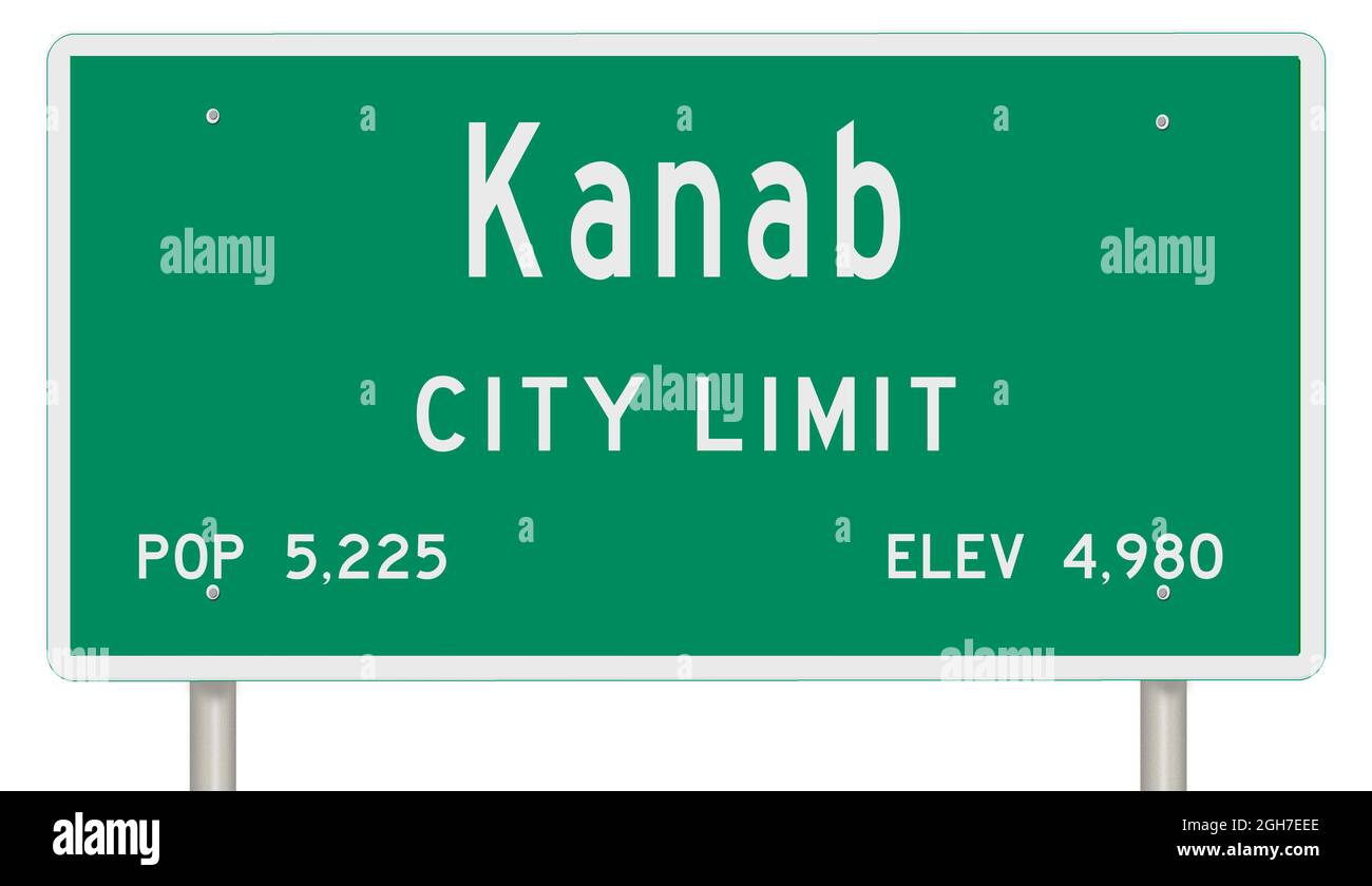 Rendering of a green Utah highway sign with city information Stock Photo