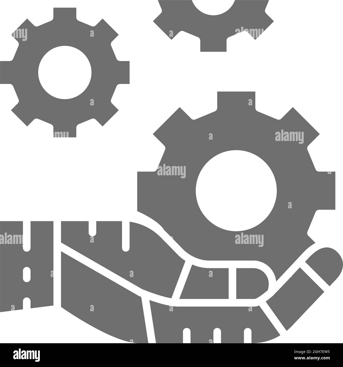 Hand holds a gear, tech development, engineering, technology grey icon