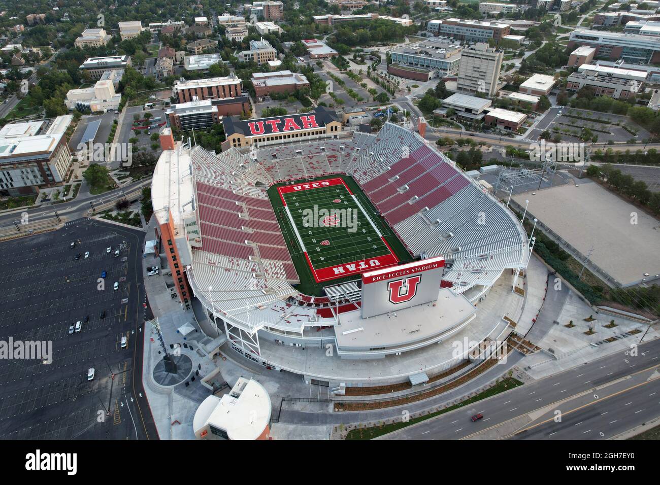 An aerial view of Rice-Eccles Stadium on the campus of the University ...