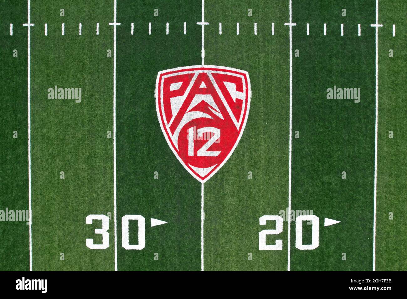 An aerial view o the Paca-12 Conference logo on the football field at f Rice-Eccles Stadium on the campus of the University of Utah, Sunday, Sept. 5, Stock Photo