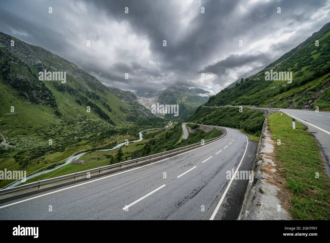 Winding roads of Furkapass, Obergoms, Switzerland Stock Photo