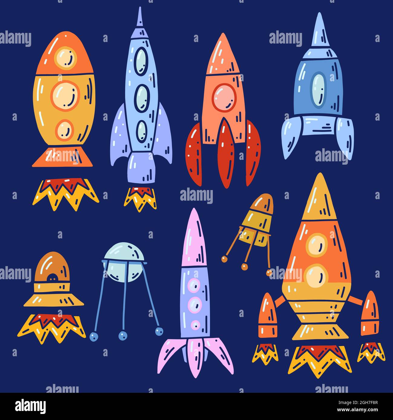 Set of cartoon contour space ships and ufo. Outline technological ships. Vector childish object of space shuttle and satellites on dark background. Stock Vector