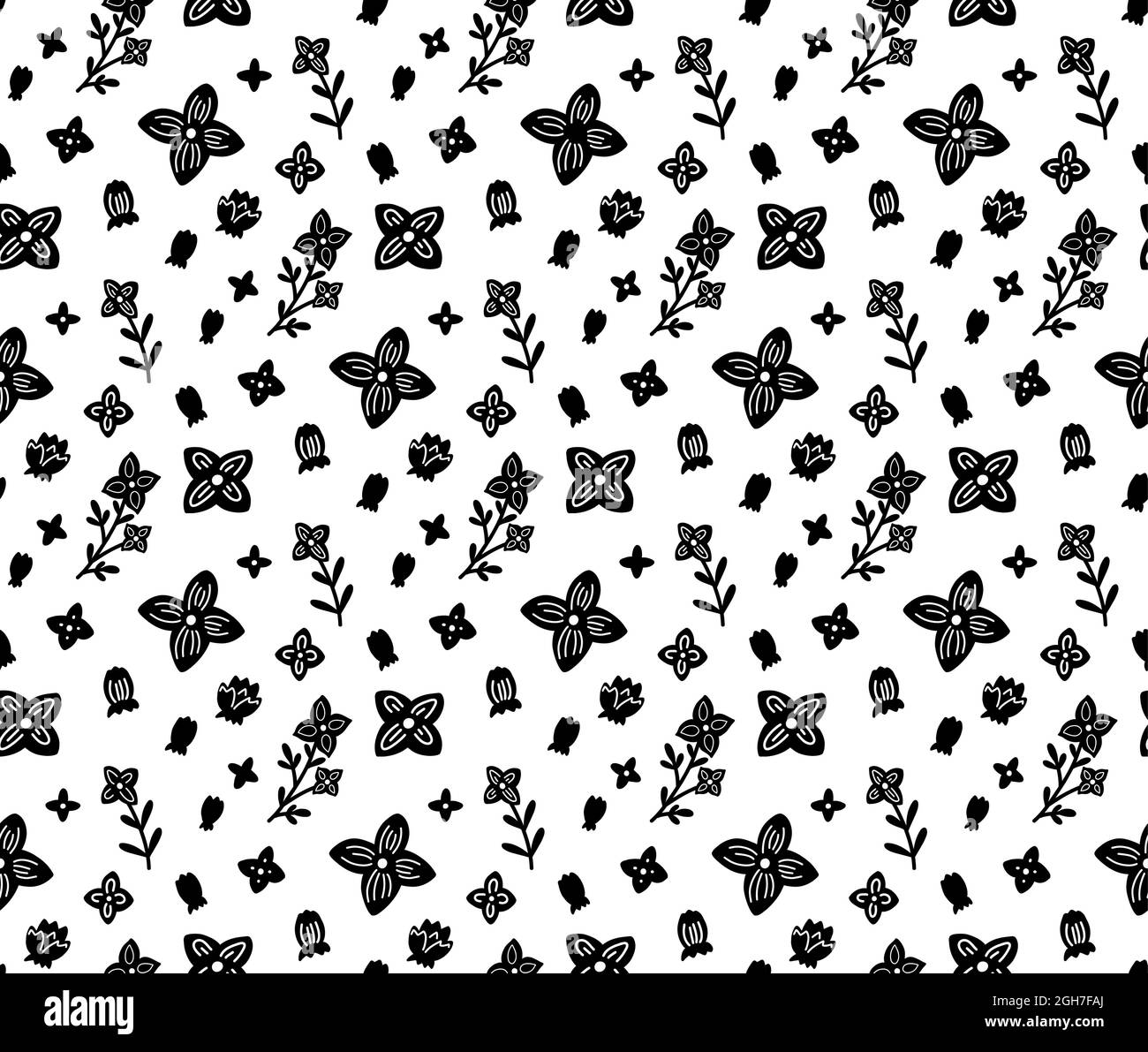 Seamless monochrome pattern with small black flowers on a white ...