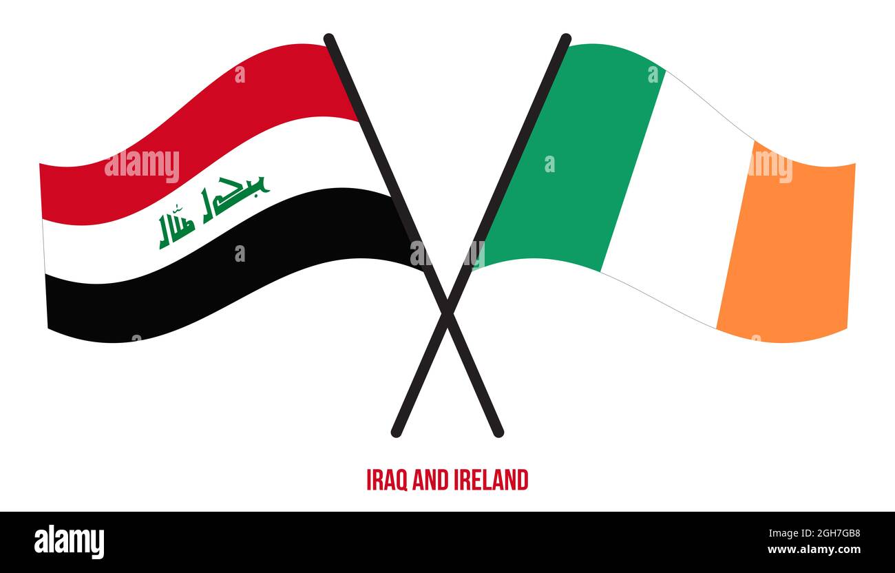Iraq and Ireland Flags Crossed And Waving Flat Style. Official Proportion. Correct Colors. Stock Photo