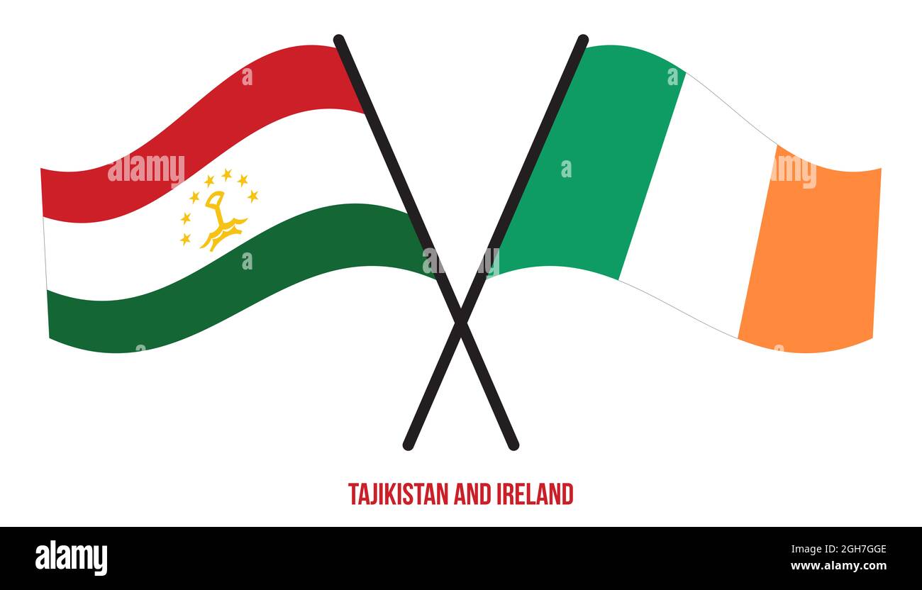 Tajikistan and Ireland Flags Crossed And Waving Flat Style. Official Proportion. Correct Colors. Stock Photo