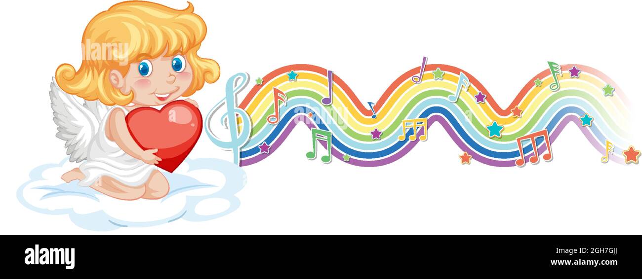 Cupid girl holding heart with melody symbols on rainbow illustration ...