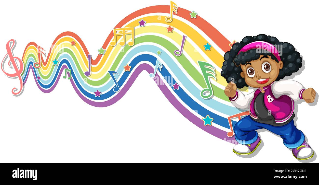 Cute girl with melody symbols on rainbow wave illustration Stock Vector ...