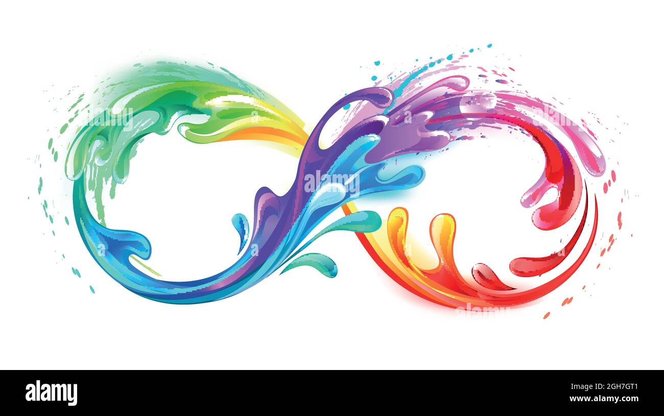 Rainbow symbol of infinity from stream of flowing multicolored paint on white background. Stock Vector