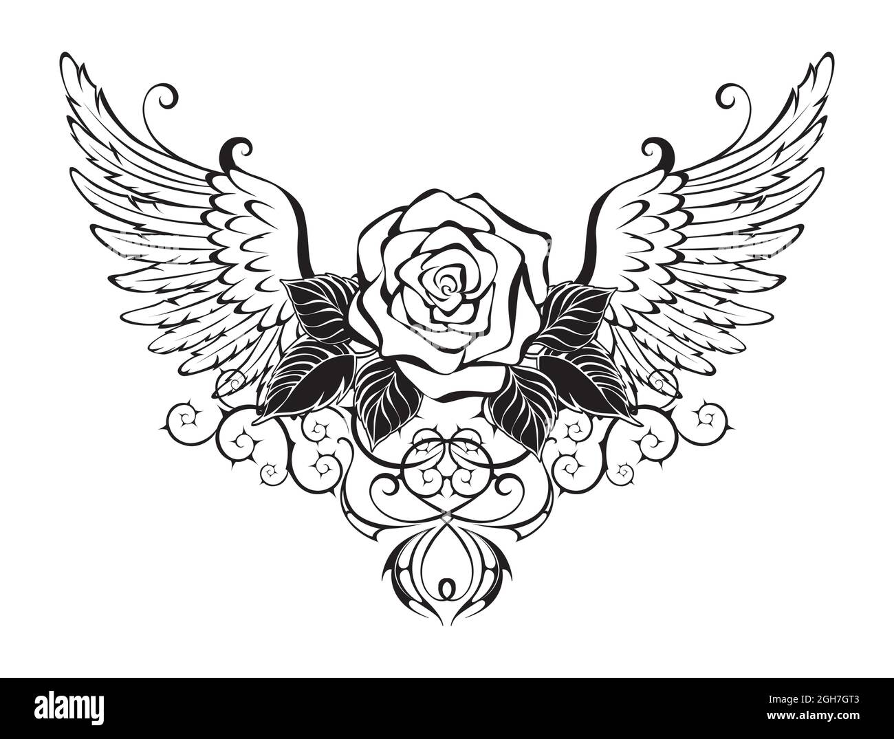 Artistically drawn, blooming, outline rose, decorated with black leaves with contour angel wings on white background. Stock Vector