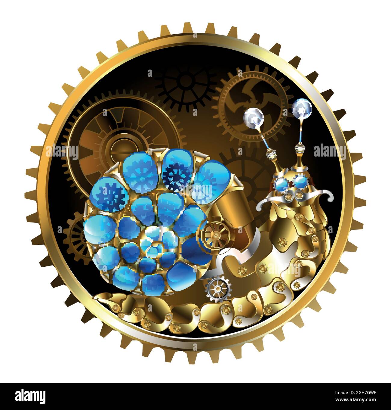 Mechanical snail made of brass, metal parts with luminous, transparent, blue, spiral shell, decorated with gears in circle with brown gears on  white Stock Vector