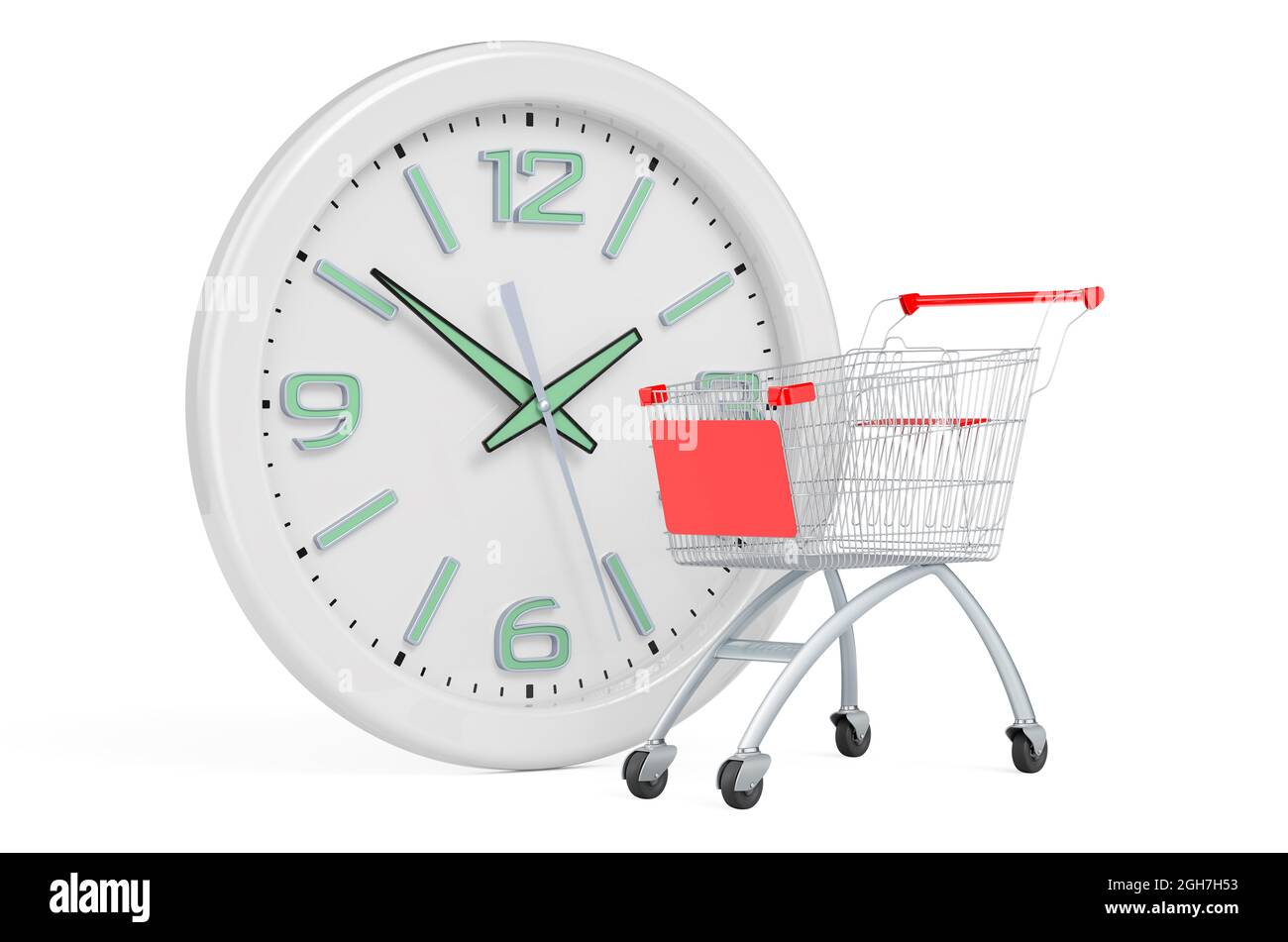 Shopping cart with wall clock. Shopping time concept, 3D rendering