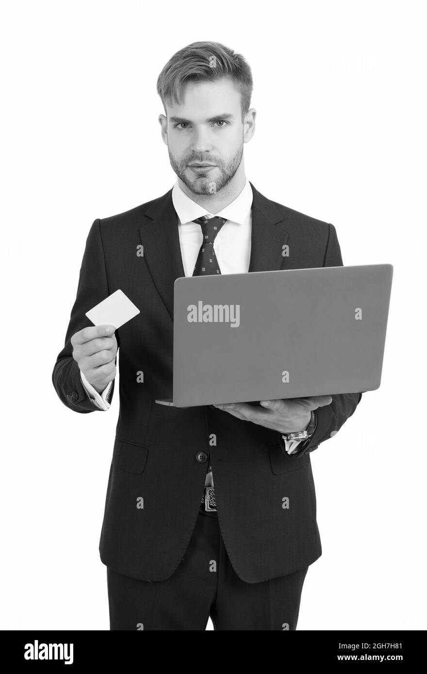 Businessman in formal style hold laptop computer and identity card for copy space, identification Stock Photo