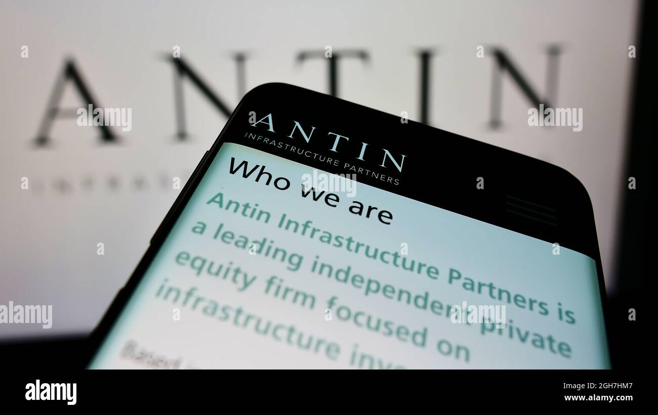 Mobile phone with website of investment company Antin Infrastructure ...