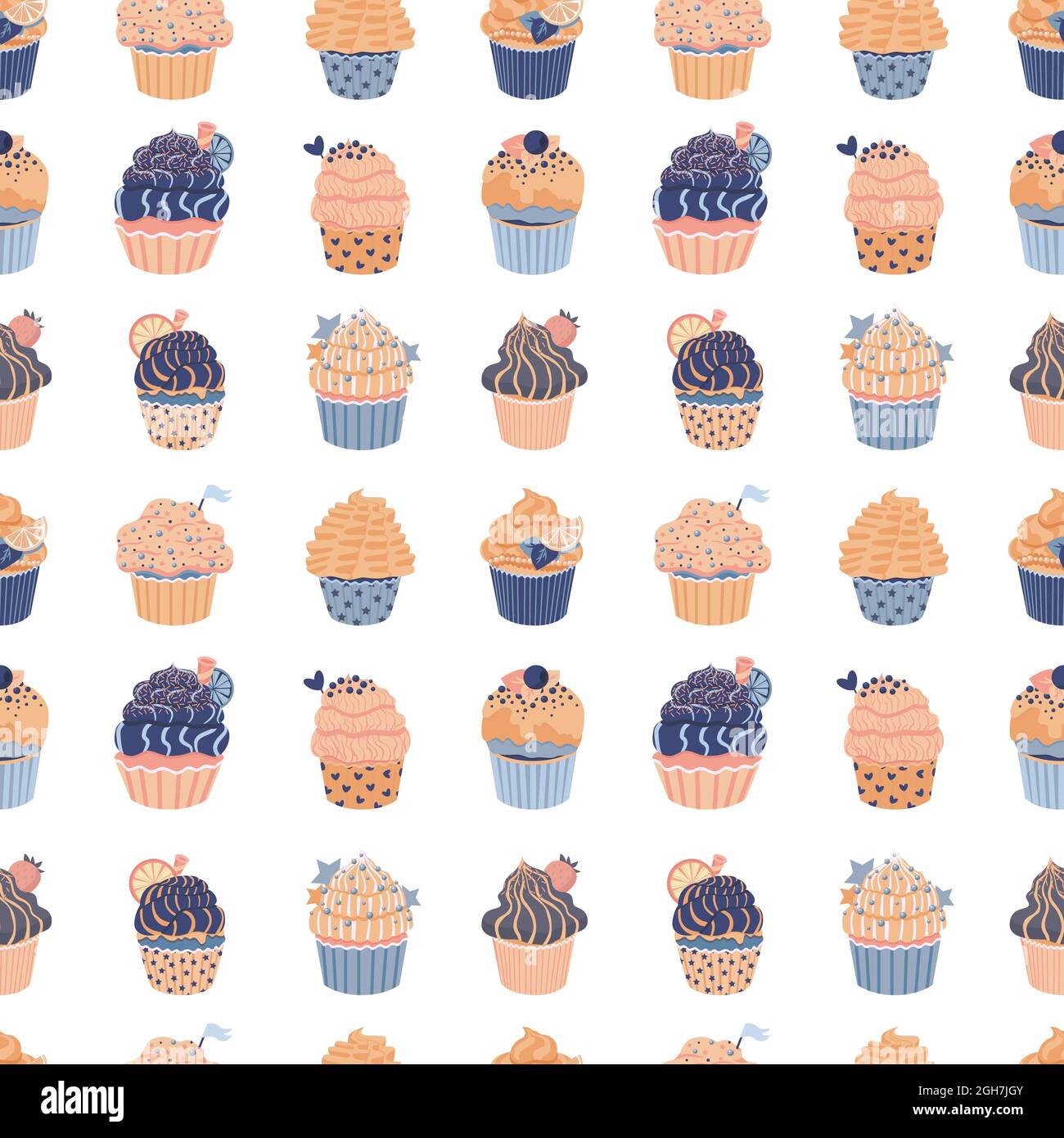 Blue cupcake. Seamless pattern with muffins. Cute childisn print in light pastel colors. Vector illustration with sweet dessert Stock Vector