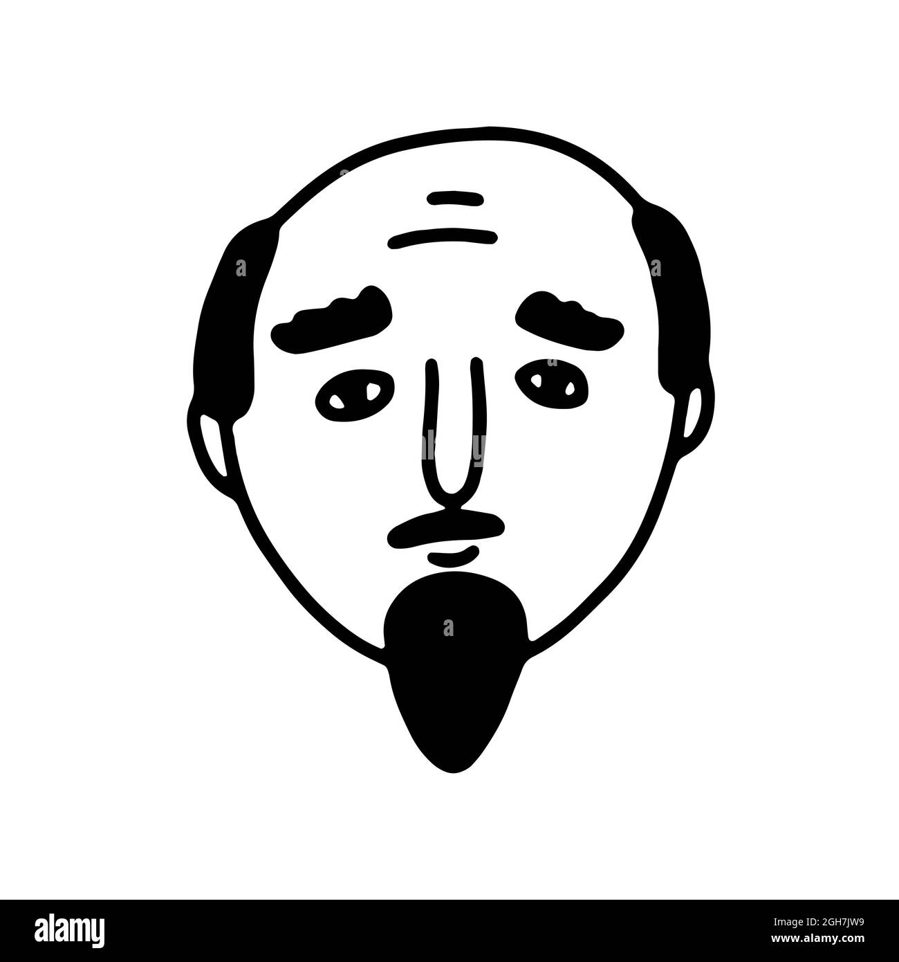 Doodle bearded Man face. Hand-drawn outline human isolated on white background. Funny sad Avatar. Cartoon bold man. Male cute portrait. Wrinkles, must Stock Vector