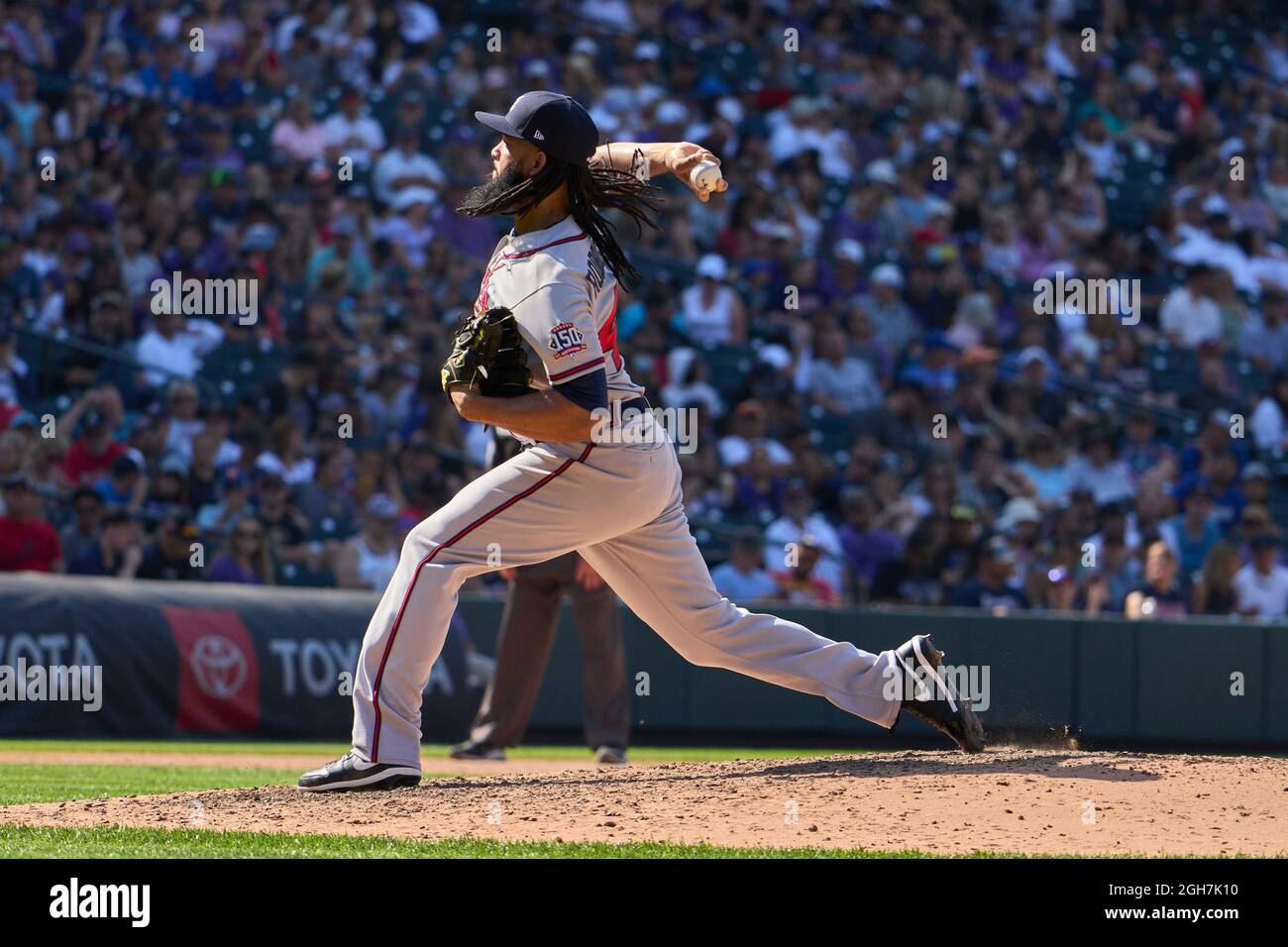 Denver CO, USA. 5th Sep, 2021. Atlanta pitcher Rich Rodriguez (48) throws a pitch during the game with Atlanta Braves and Colorado Rockies held at Coors Field in Denver Co. David Seelig/Cal Sport Medi. Credit: csm/Alamy Live News Stock Photo
