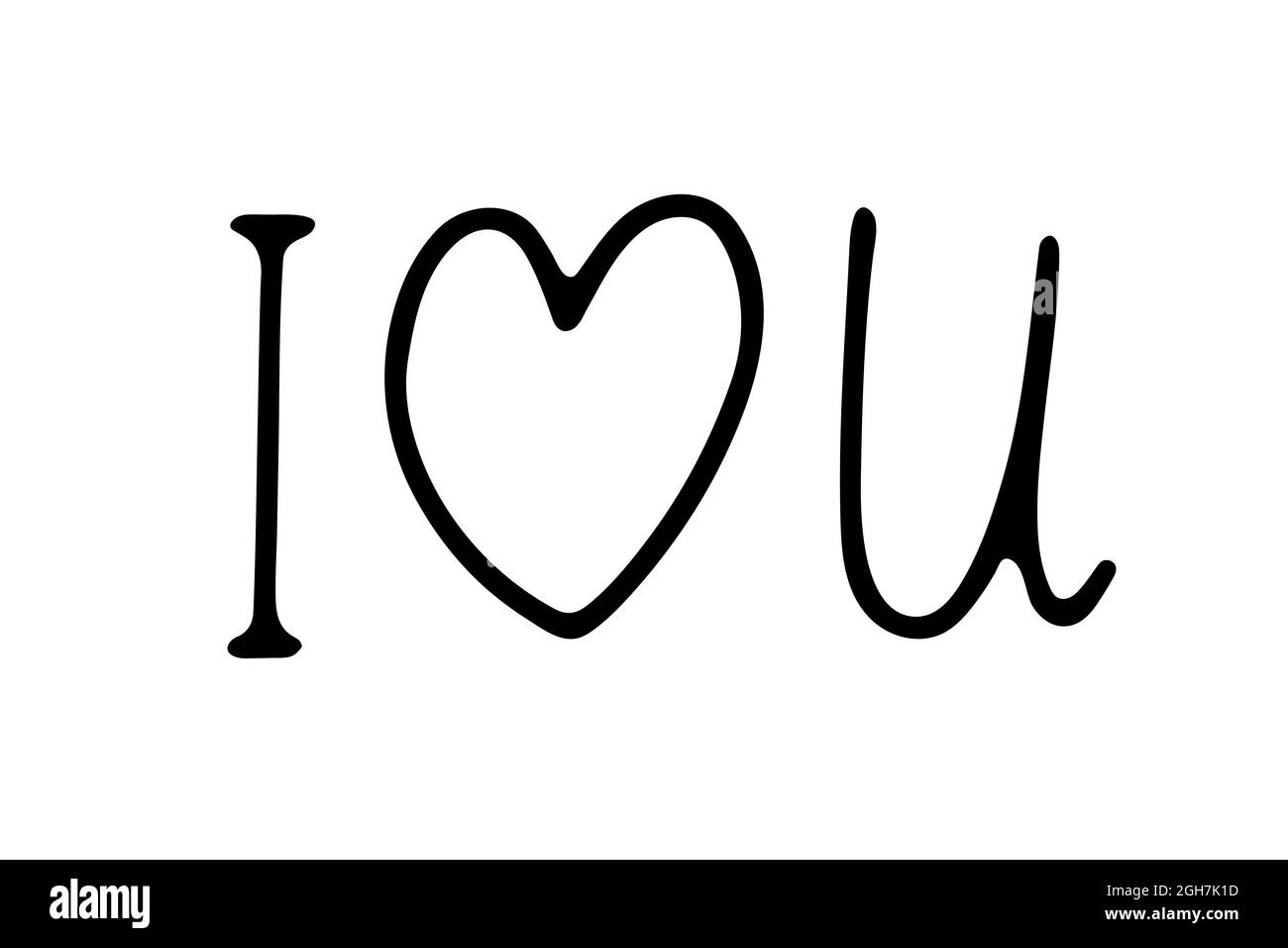 Doodle lettering I Love you with heart. Handdrawn text on white