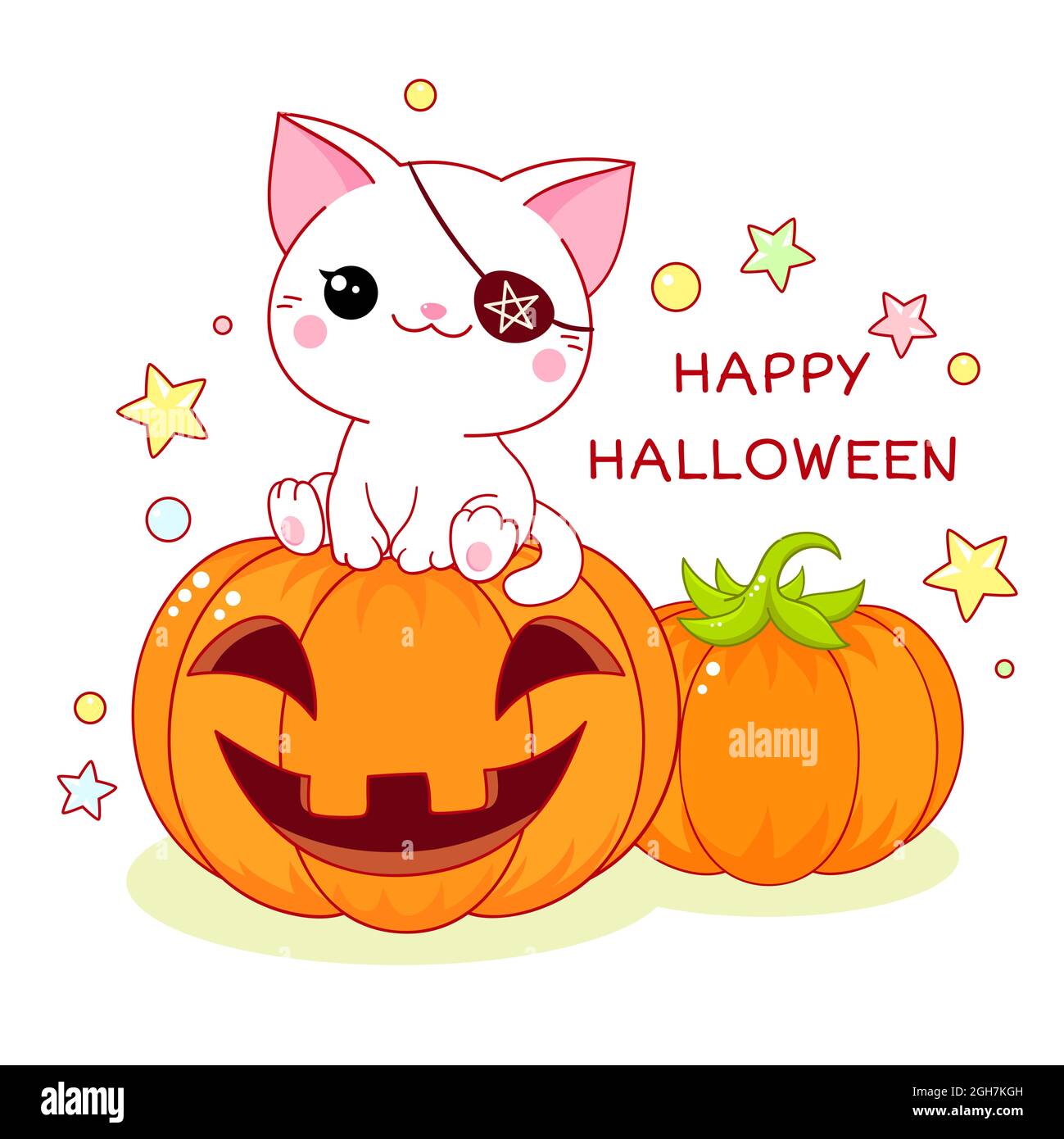 Happy Halloween. Greeting Halloween card with kawaii cat with eye patche sitting on a pumpkin. Vector illustration EPS8 Stock Vector