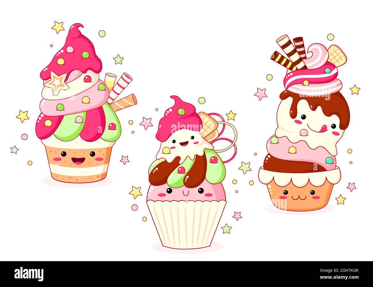 Set of cute sweet icons in kawaii style with smiling face and pink cheeks for sweet design. Ice cream, cake, sundae kids, cupcake. EPS8 Stock Vector