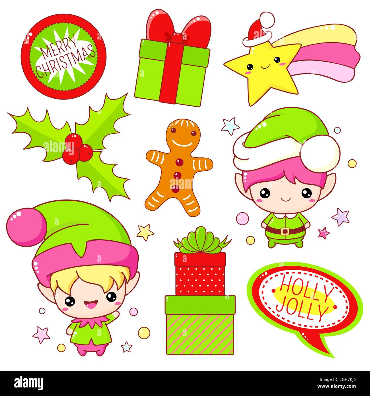 Set of Merry Christmas day icons in kawaii style. Cute elf, gift boxes, falling star in Santa hat, gingerbread. Vector illustration EPS 8 Stock Vector