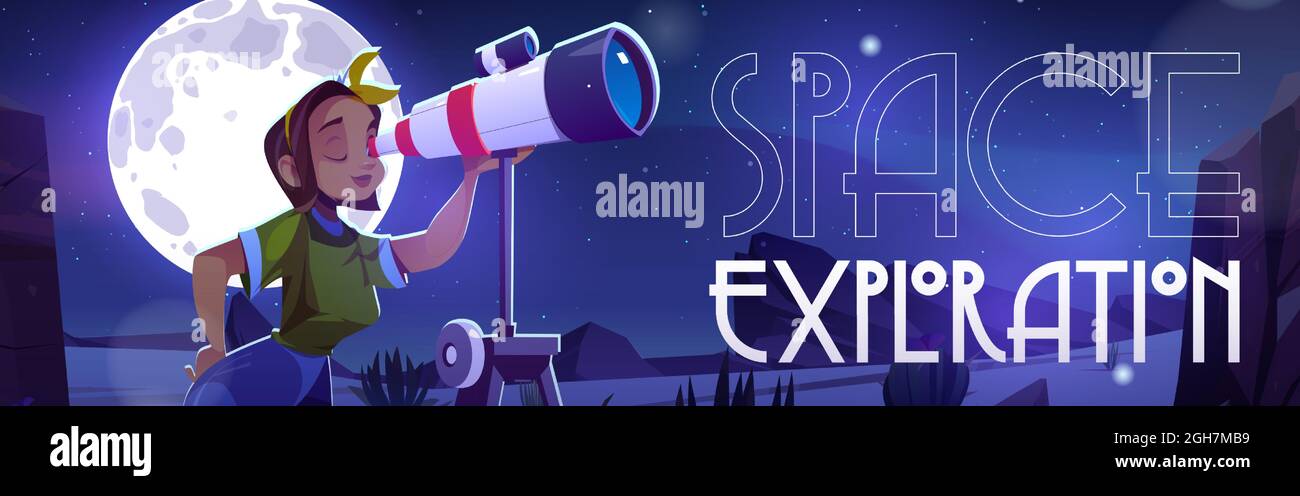 Space exploration banner with woman looking through telescope on night sky. Concept of science discovery in astronomy. Vector poster with cartoon girl watching stars and planets Stock Vector