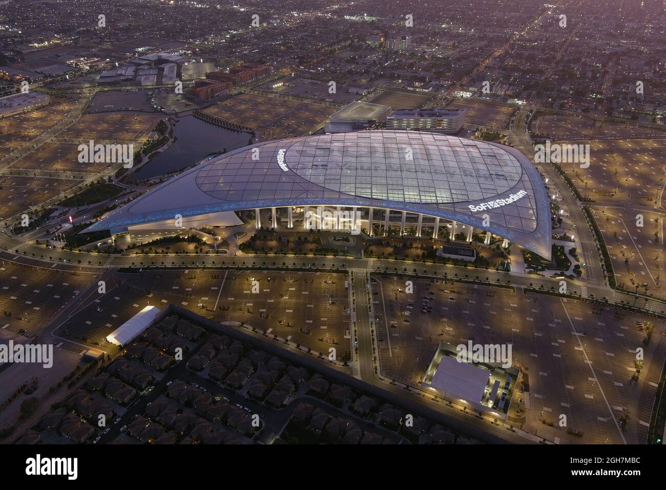 An aerial view of SoFi Stadium, Sunday, Sept. 5, 2021, in inglewood