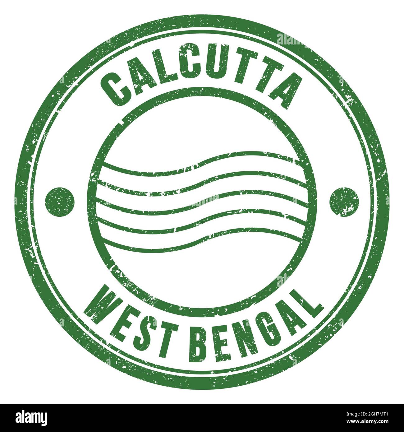 CALCUTTA WEST BENGAL, words written on green round postal stamp Stock