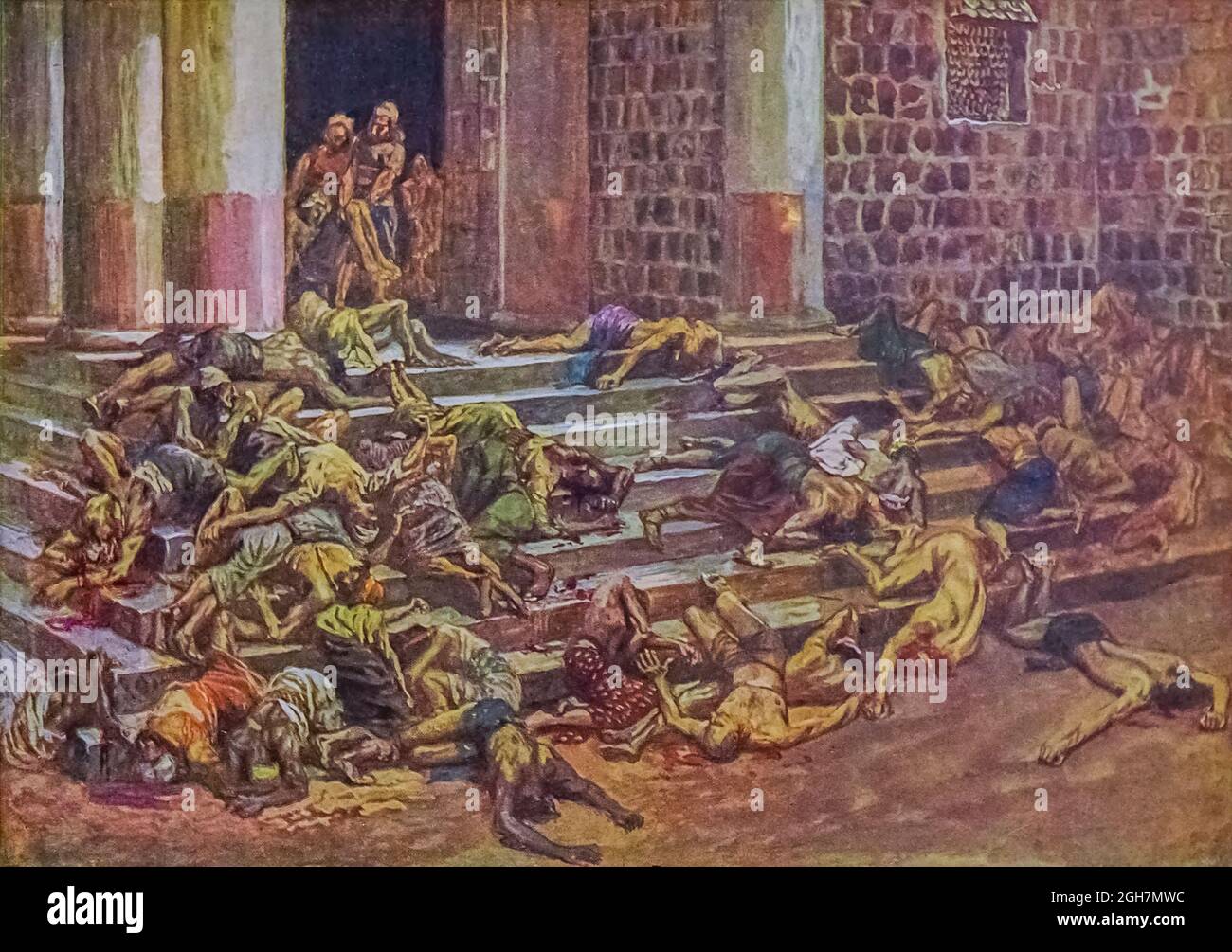 THE DEAD BODIES THROWN OUTSIDE THE TEMPLE. II Kings x. 25. “And it came to pass, as soon as he had made an end of offering the burnt offering, that Jehu said to the guard and to the captains, Go in, and slay them; let none come forth. And they smote them with the edge of the sword; and the guard and the captains cast them out, and went to the city of the house of Baal. From the book ' The Old Testament : three hundred and ninety-six compositions illustrating the Old Testament ' Part II by J. James Tissot Published by M. de Brunoff in Paris, London and New York in 1904 Stock Photo
