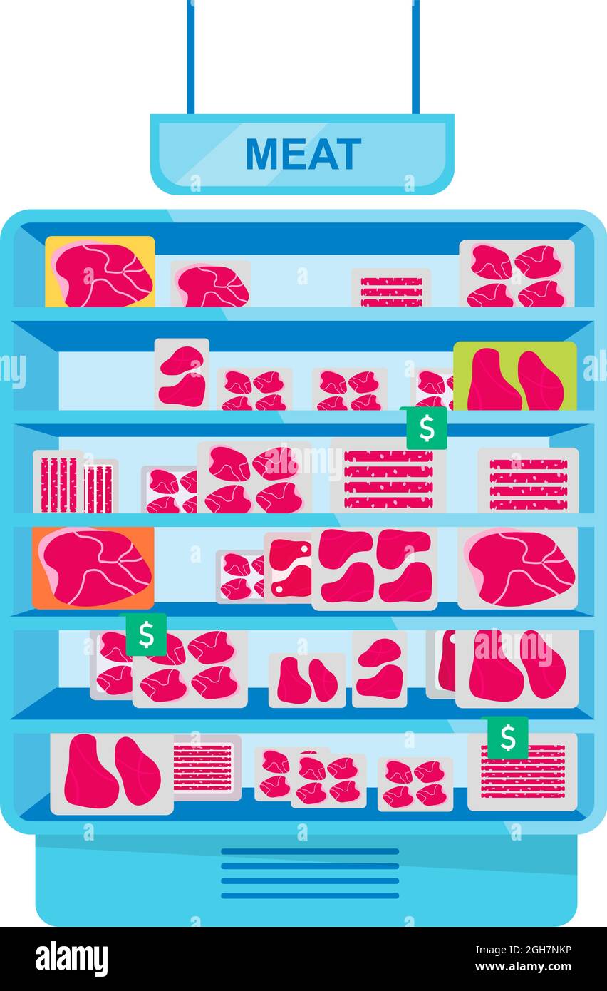 Meat refrigerator for supermarket semi flat color vector object Stock Vector