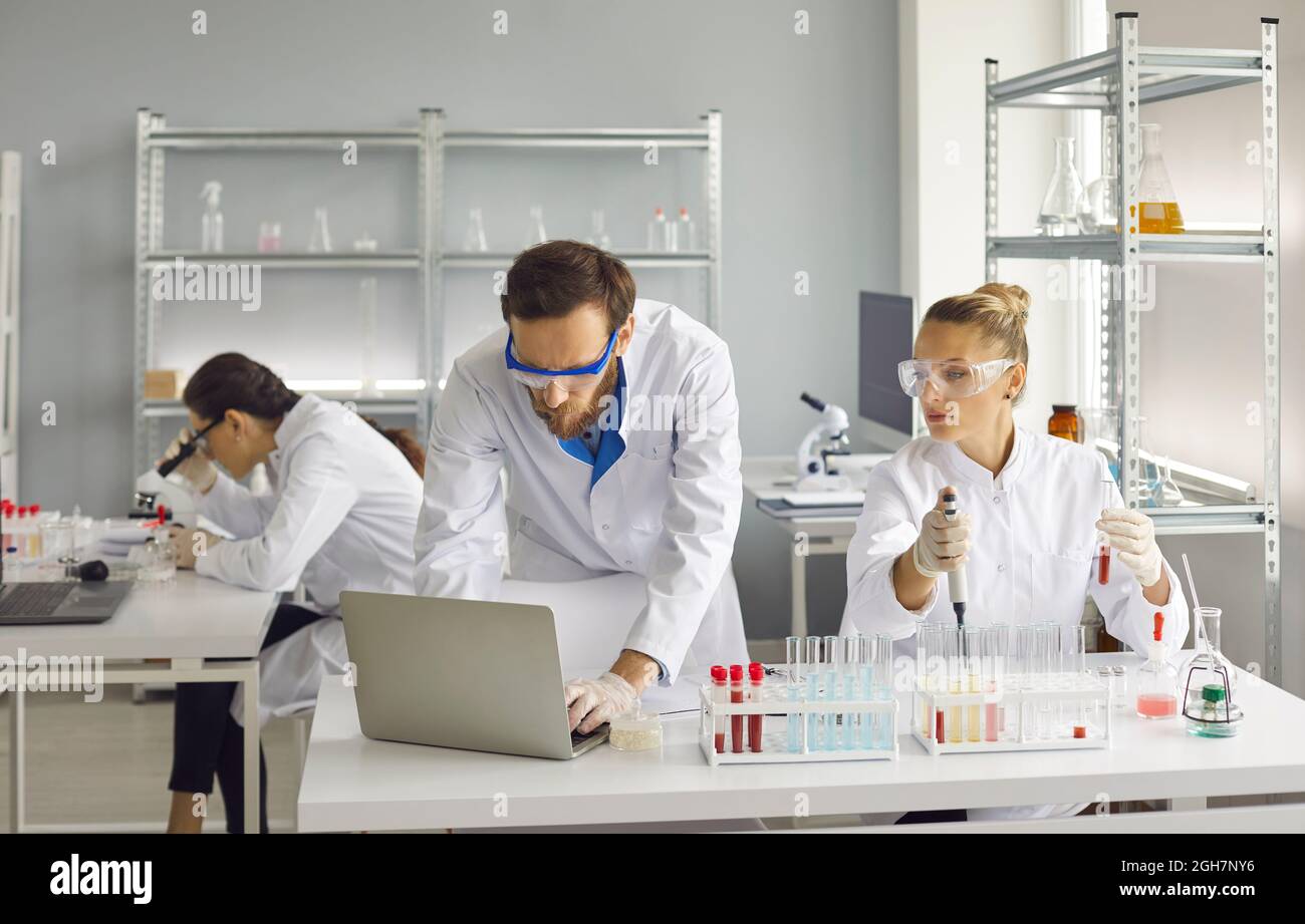 Scientists are doing important research. A woman holds a test tube, a man works at a laptop. Stock Photo
