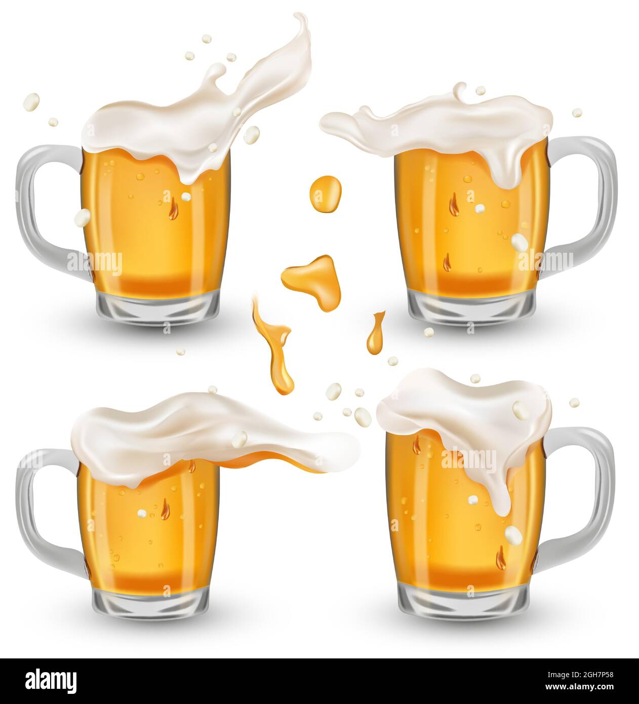 Four various full glass cup with beer. Refreshing mug beer with
