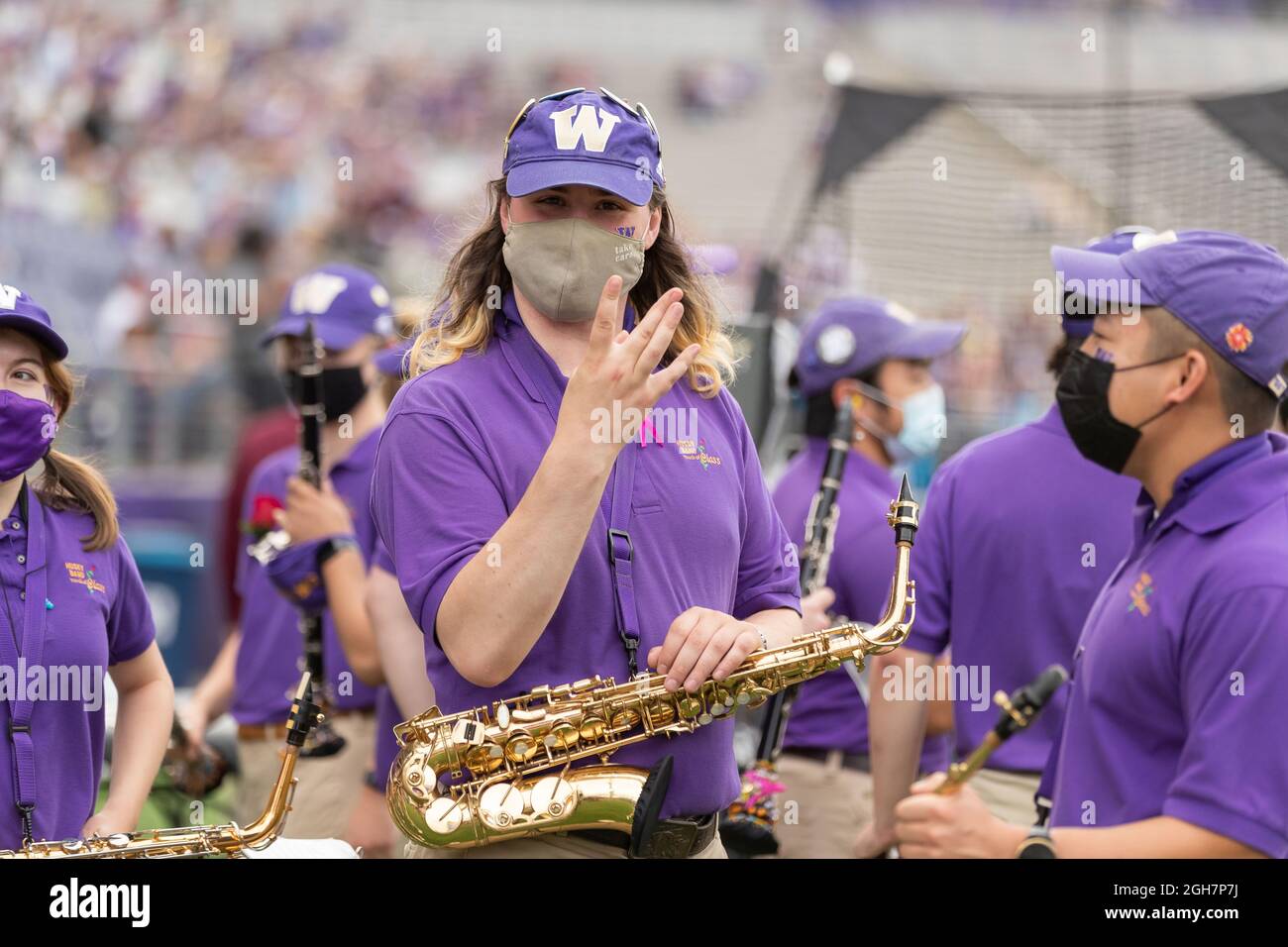 Washington Huskies marching band on the field prior to an NCAA college football game between the Washington Huskies and the Montana Grizzlies, Saturda Stock Photo