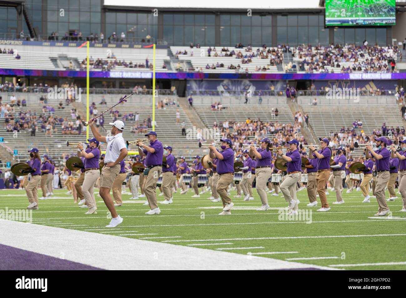 Washington Huskies marching band on the field prior to an NCAA college football game between the Washington Huskies and the Montana Grizzlies, Saturda Stock Photo