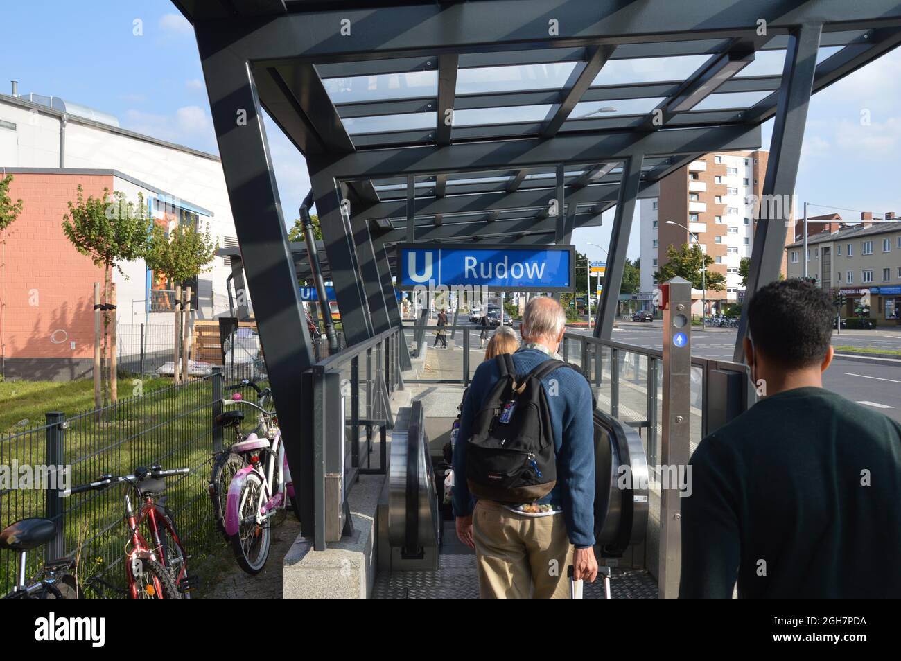 Entrance of Rudow subway station in Berlin, Germany - September 5, 2021. Stock Photo