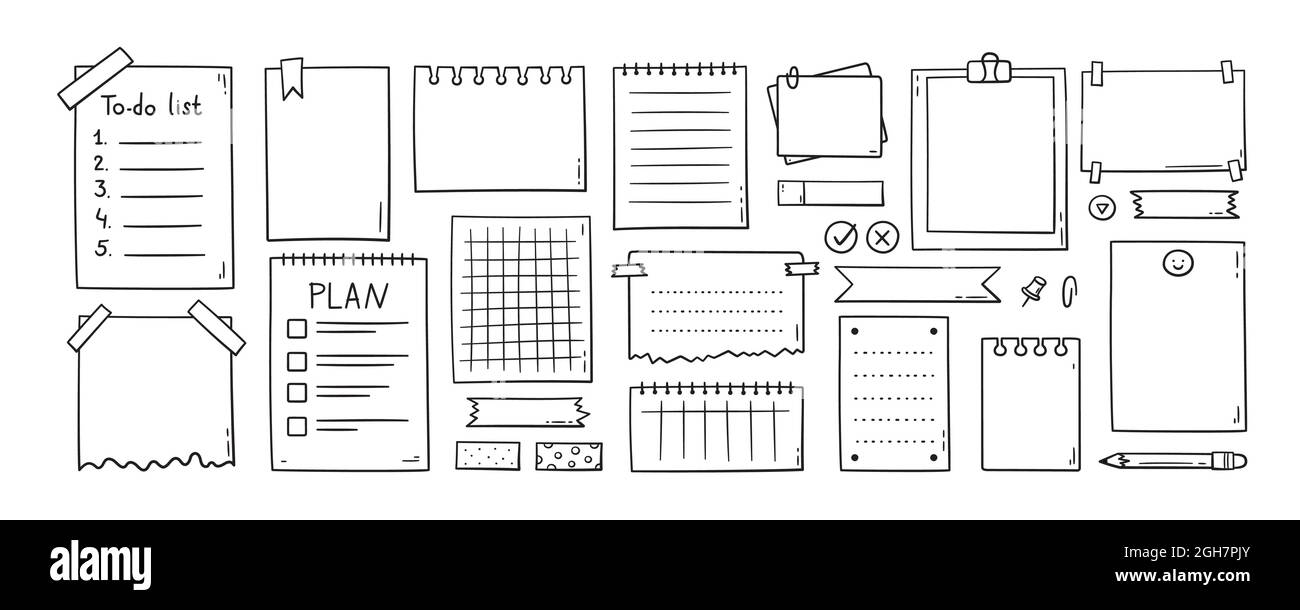 Hand drawn memo paper sheets, sticky note, reminder, to do list, sticky  tape and pins. Bullet journal elements in doodle style. Vector illustration  in Stock Vector Image & Art - Alamy