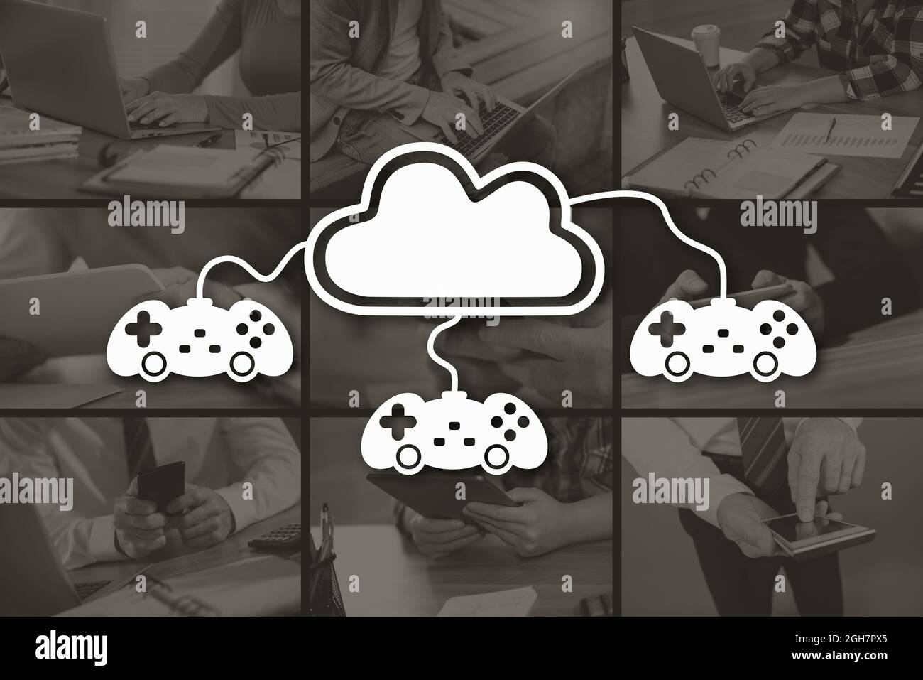 Cloud gaming concept illustrated by pictures on background Stock Photo ...