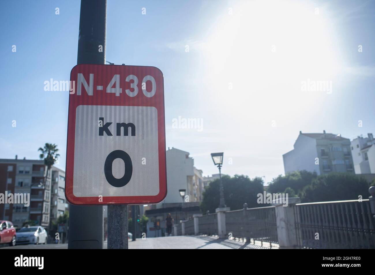 Badajoz, Spain - June 14th, 2018: Zero kilometer of Spanish National N-430 Road. Urban sign post Stock Photo
