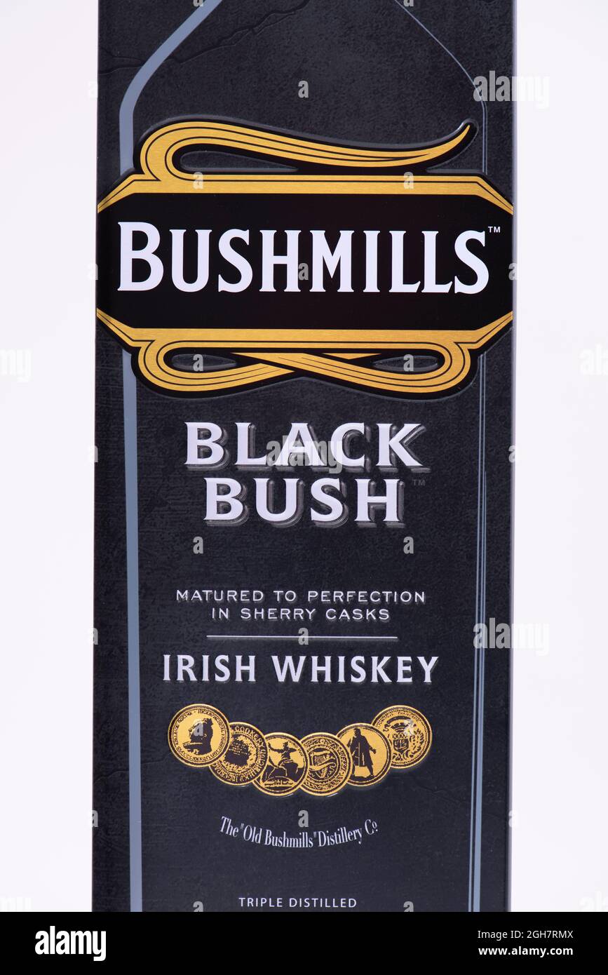 box of BUSHMILLS single malt Irish whiskey Stock Photo