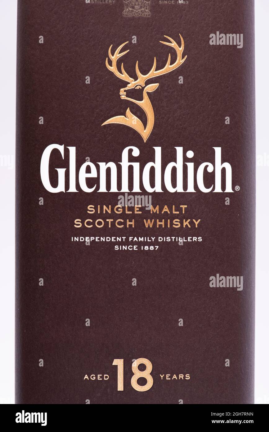 box of 18 years old Glenfiddich single malt scotch whisky Stock Photo