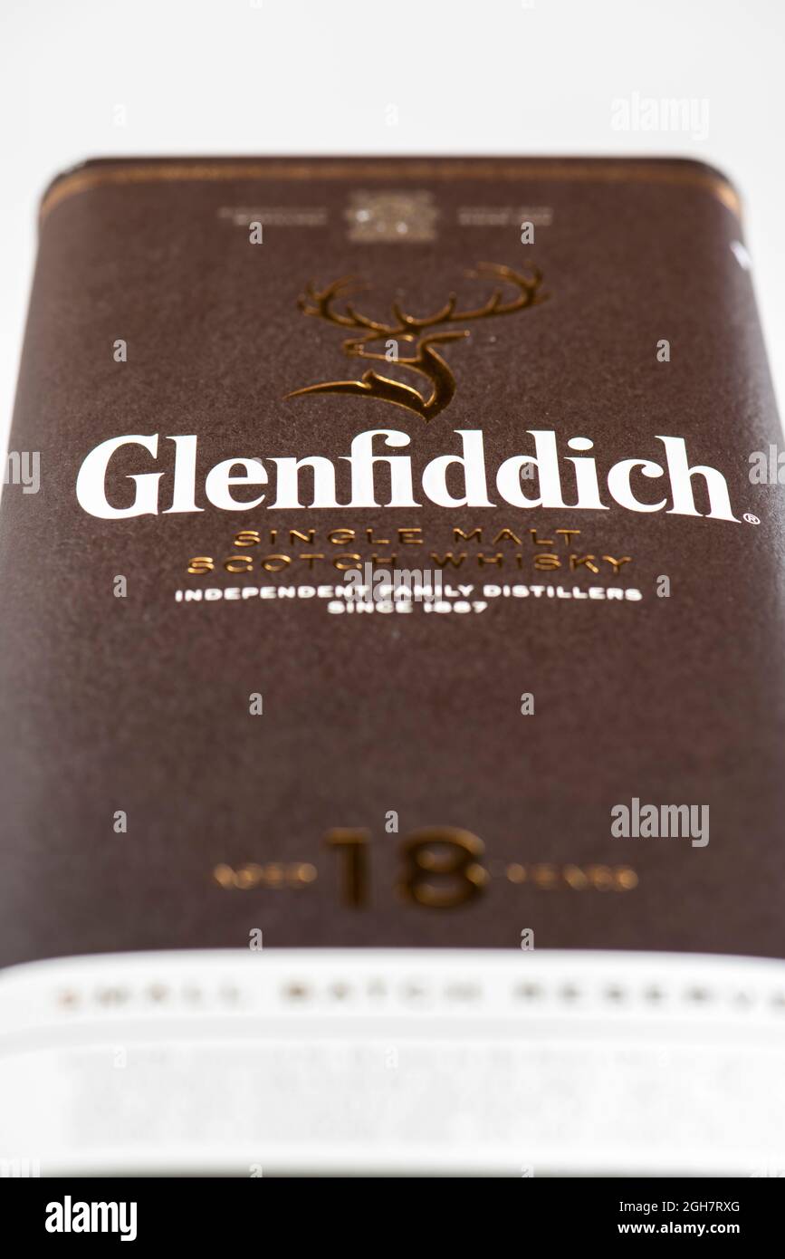 box of 18 years old Glenfiddich single malt scotch whisky Stock Photo