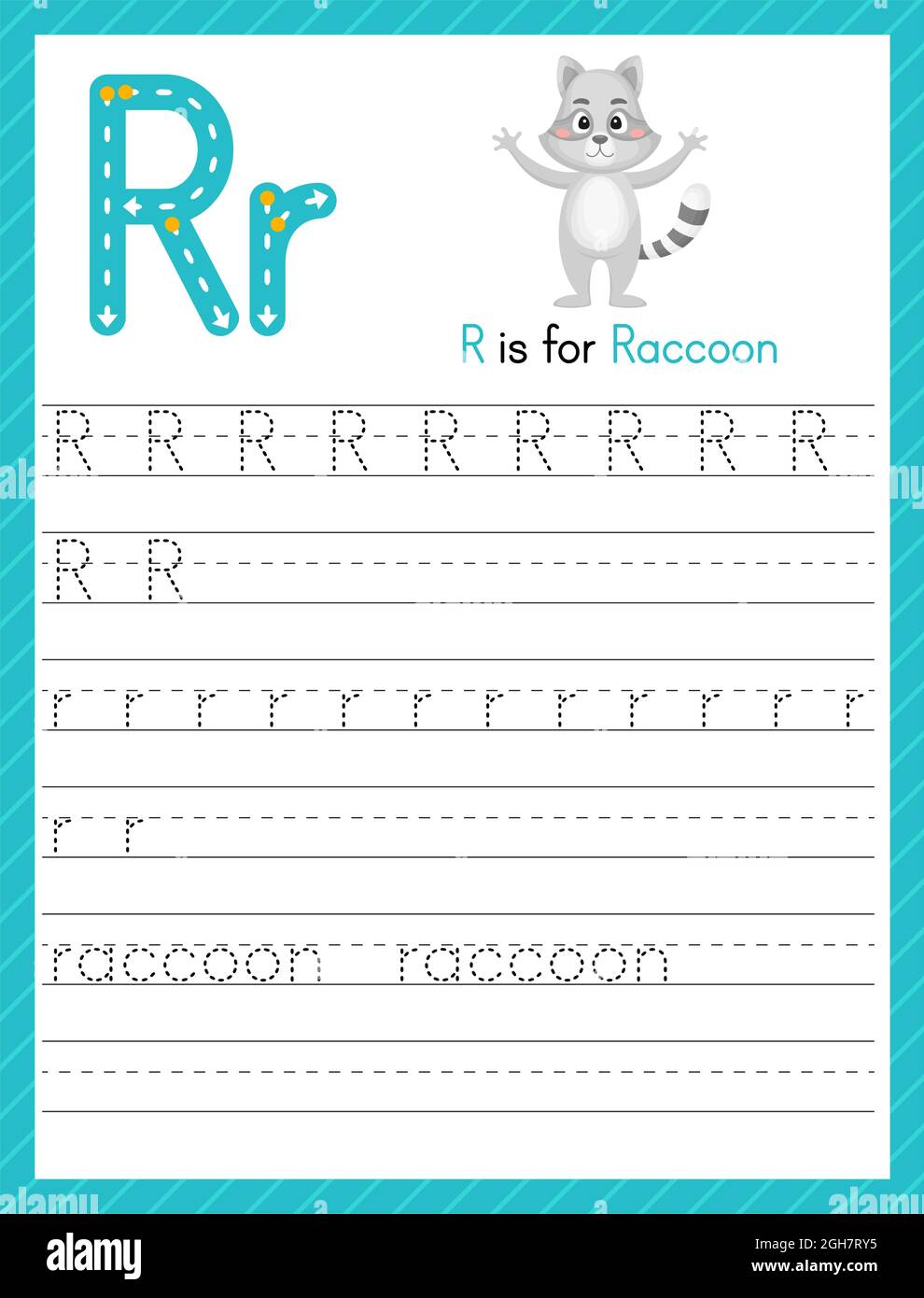 trace letter r uppercase and lowercase alphabet tracing practice preschool worksheet for kids learning english with cute cartoon animal activity pag stock vector image art alamy