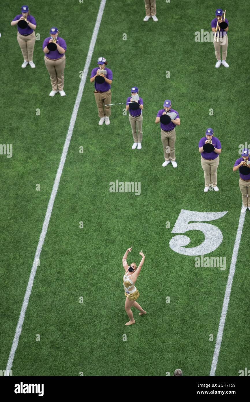 Washington Huskies marching band preform during halftime of an NCAA college football game between the Washington Huskies and the Montana Grizzlies, Sa Stock Photo