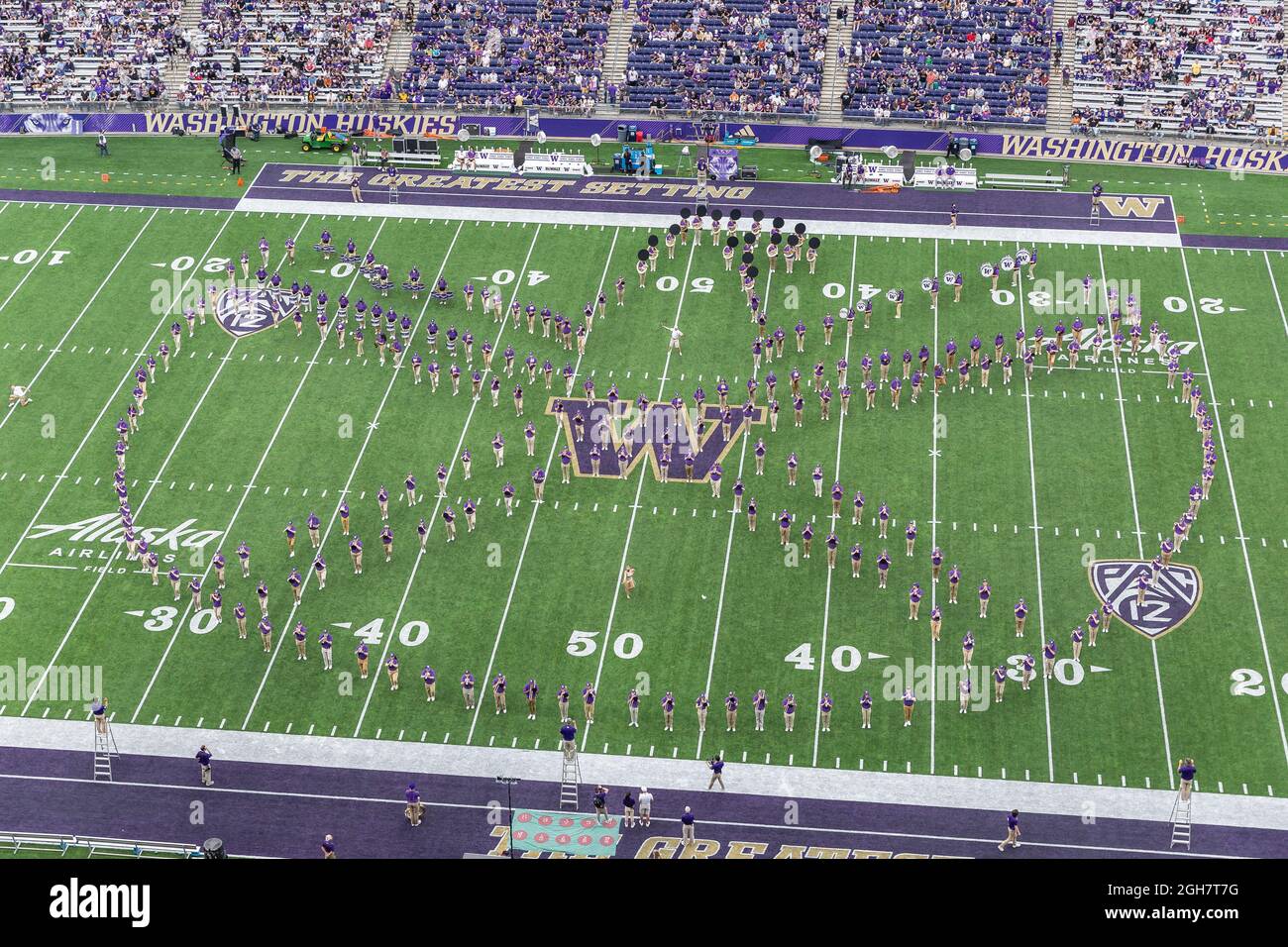 Washington Huskies marching band preform during halftime of an NCAA college football game between the Washington Huskies and the Montana Grizzlies, Sa Stock Photo