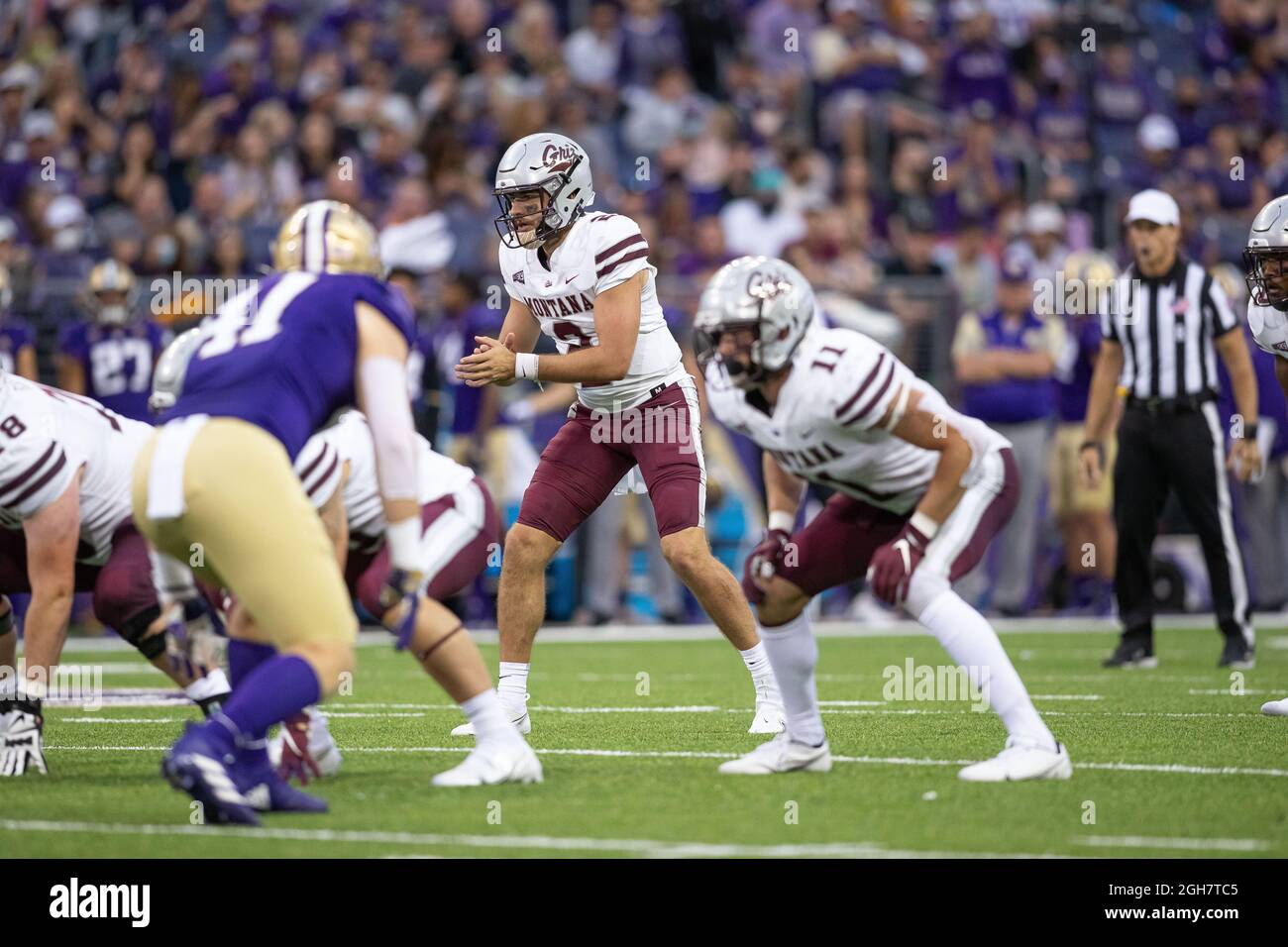 Montana Grizzlies quarterback Camron Humphrey (2) waits for the ball to be snapped during the fourth quarter of an NCAA college football game against Stock Photo