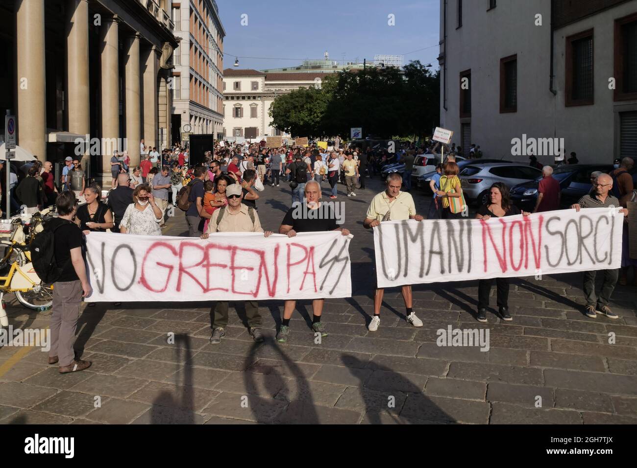No green pass and no vax protest in Milan between the street of the city center. Stock Photo