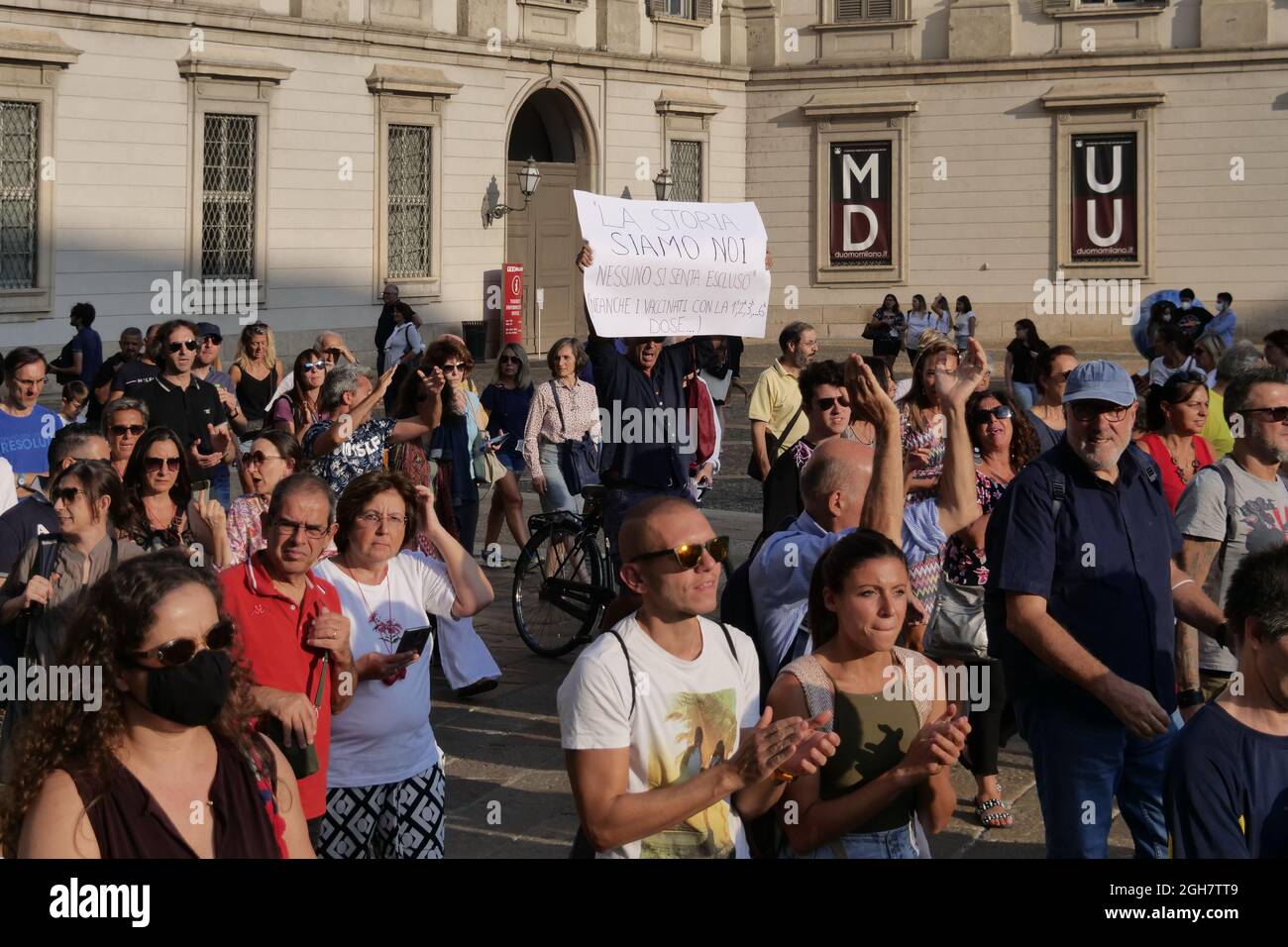 No green pass and no vax protest in Milan between the street of the city center. Stock Photo