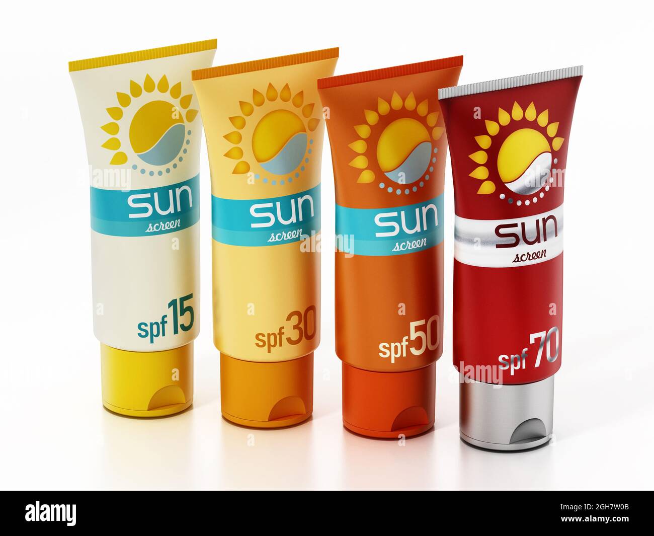 Collection of sun screen tubes with various protection levels. 3D ...